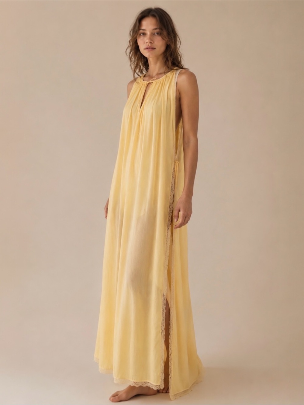 Vintage 80s Linda Lingerie Sheer Yellow Lace-Trimmed Long Slip Dress Nightgown M